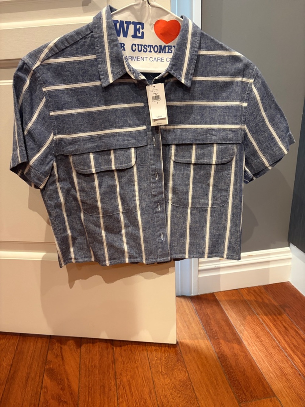 Banana Republic Factory Blue and White Striped Cropped Button-Front Top